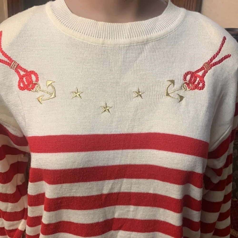 Vintage red white gold embroidered Nautical sweater 80s 90s